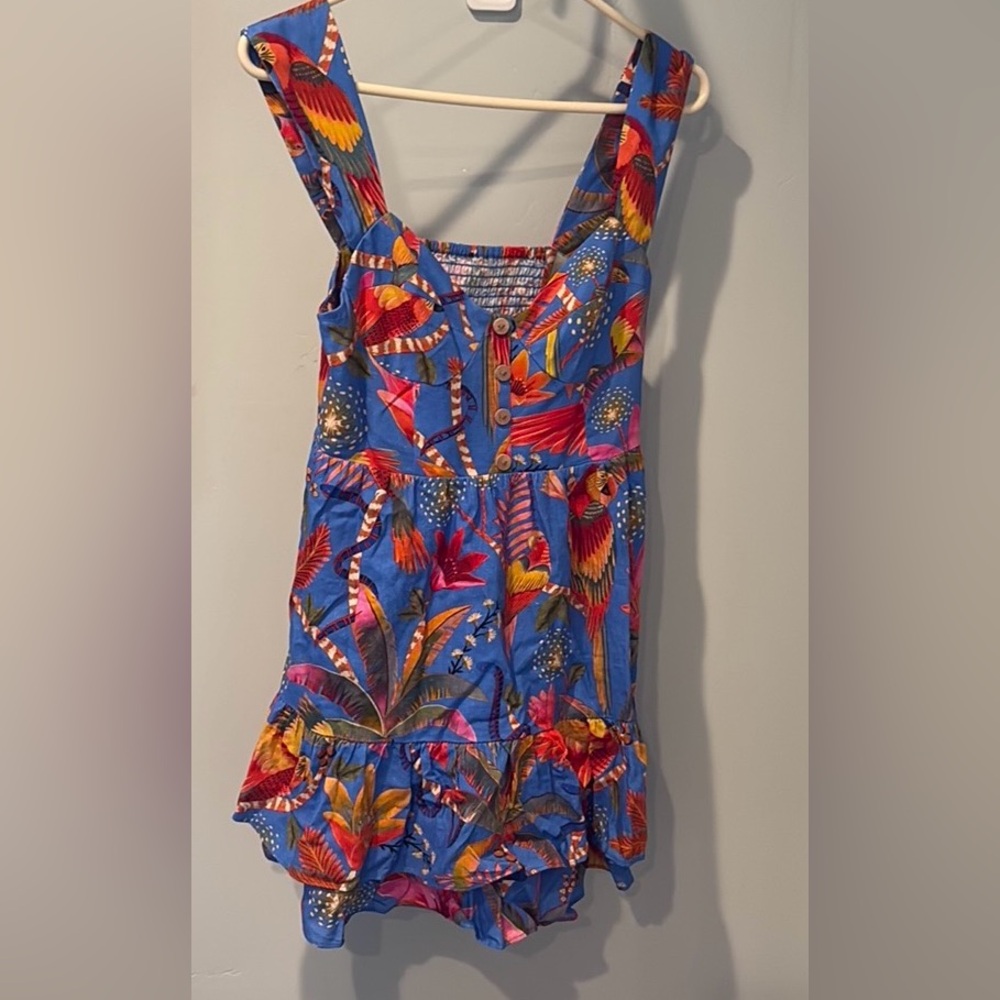 FARM RIO NWT Blue MacawTropical Print Ruffled Dress, small